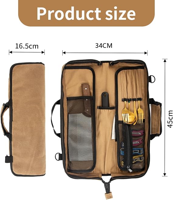 Chef Knife Case (12 Pockets), Heavy Duty Waxed Canvas Storage with Handle, Multi-Function Knife Tool Roll Bag for Home Kitchen Traveling (Khaki)