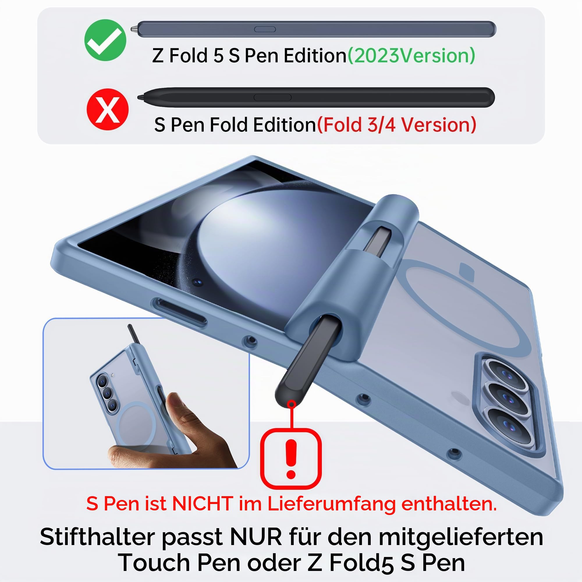 MOBOSI für Z Fold 5 Hülle Magnetisches Scharnier Schutz,Kompatibel mit Magsafe,Galaxy Z Fold 5 Gehäuse mit Vorderseite Displayschutzfolie,Stoßfeste Schutzhülle für Z Fold5mit S Stifthalter,Blau