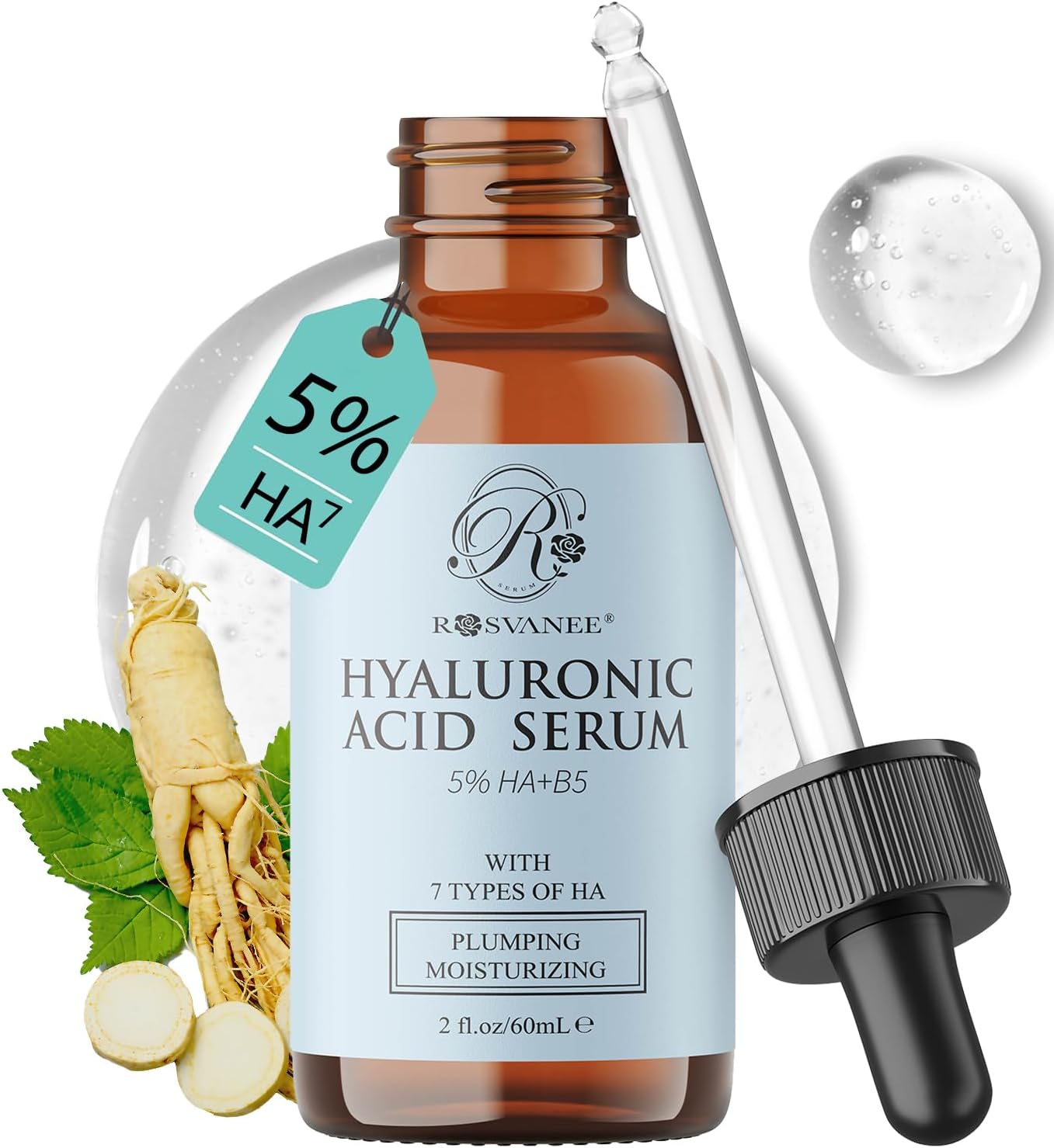 ROSVANEE 5% Hyaluronic Acid Serum 60mL with Panax Ginseng, Hydrating, Moisturizing & Plumping, Strengthens Skin Barrier with 1% Vitamin B5, Niacinamide, Vegan, For All Skin Types