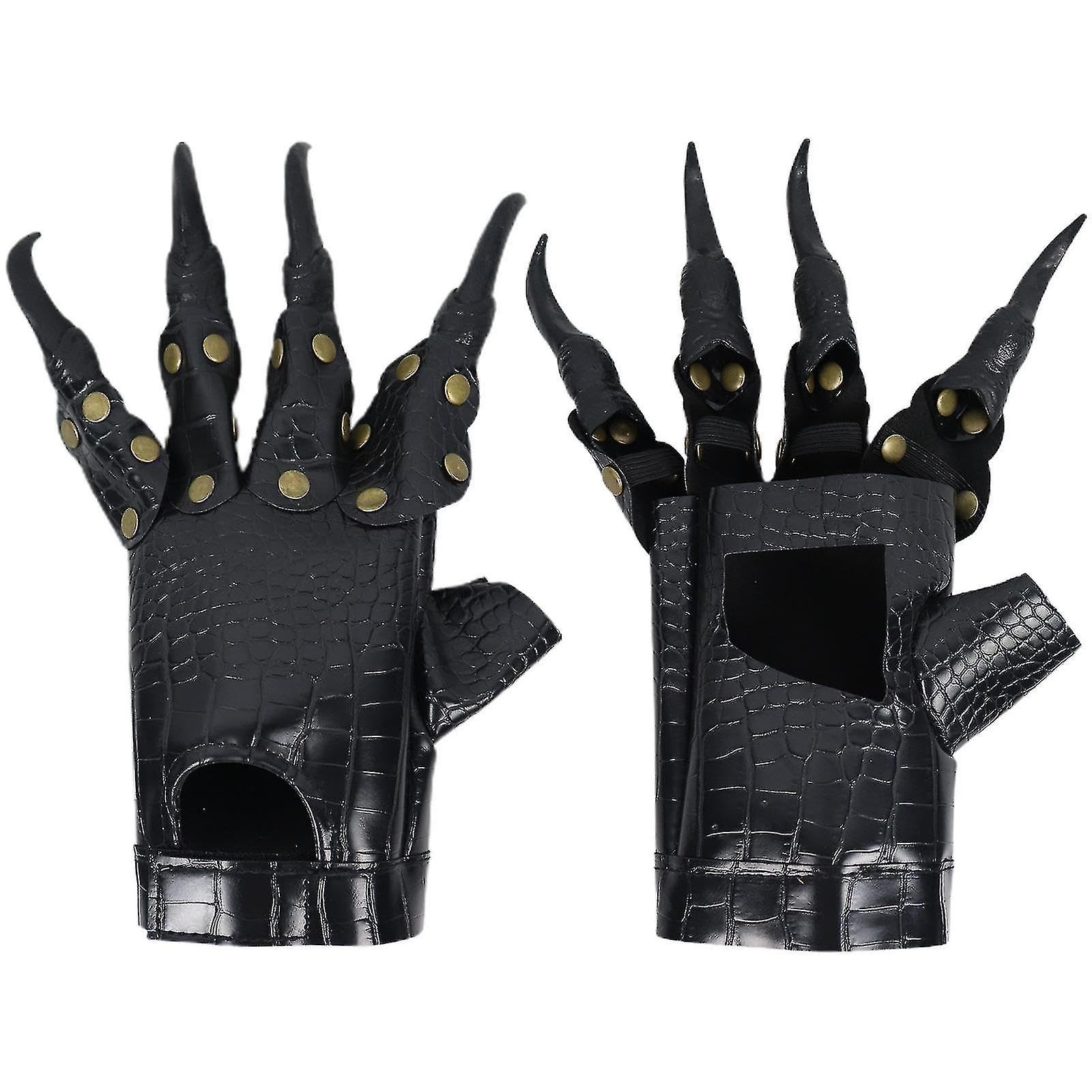 Scary Halloween Costume Accessory - Black Leather Gloves with Nails for Witch, Zombie, Devil, Alien, Ghost Costume for Adults - Perfect for Dressup and Cosplay