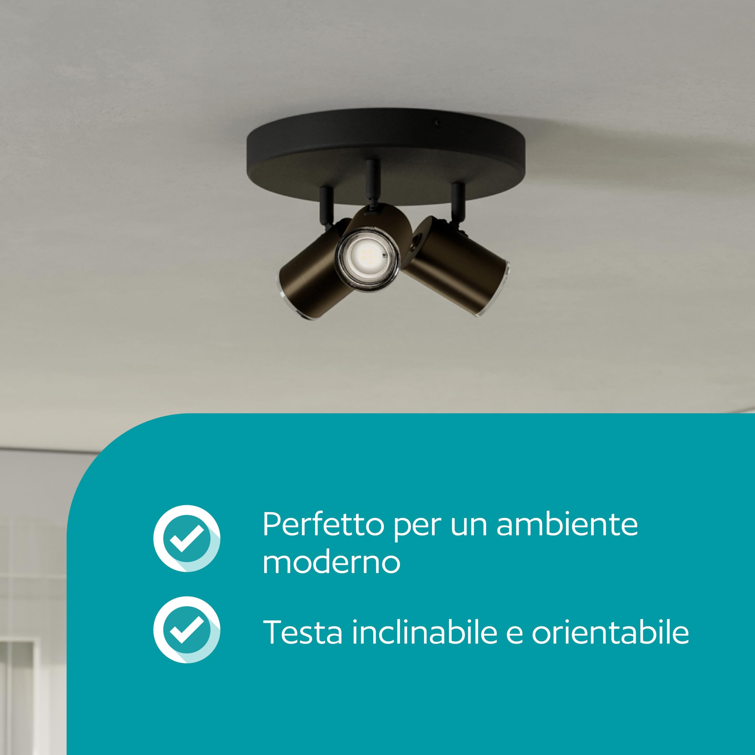 Eglo Plafoniera Consuma 1, faretto tondo 3 luci, lampada bagno a soffitto in metallo nero e bronzo, attacco GU10, IP44