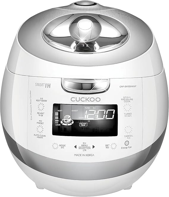 CUCKOO High Pressure Rice Cooker 6-Cup Uncooked / 12-Cup Cooked with Induction Heating Technology, Versatile Rice Maker with 16 Menu Options and Steam Plate, Voice Guide, White (CRP-BHSS0609F)