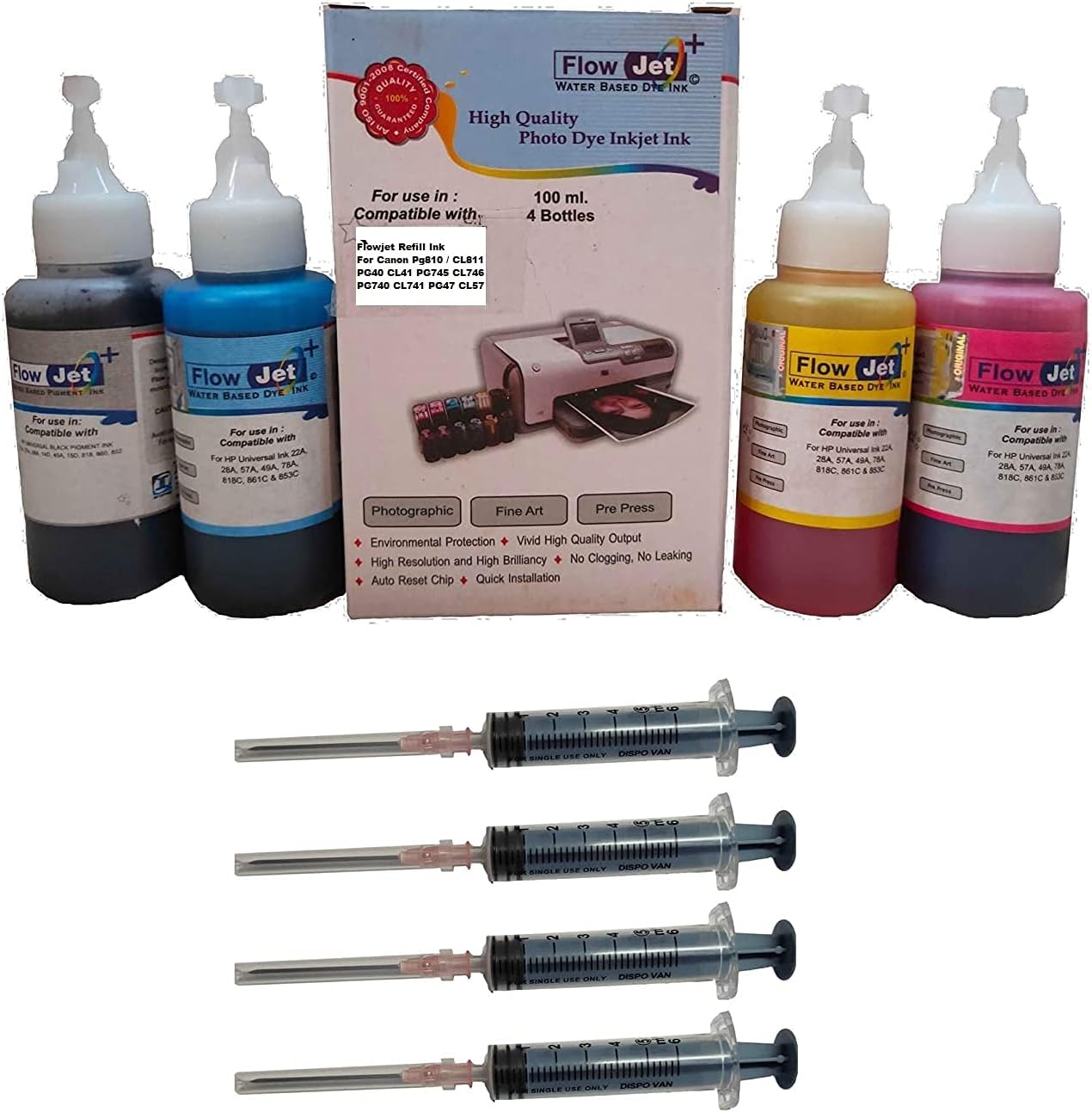 Compatible Refill Ink for Canon Ink Cartridge PG810 CL811 PG40 CL41 PG745 CL746 PG740 CL741 PG47 CL57 (Set of 4 Multicolor Ink & 4 Syringe)