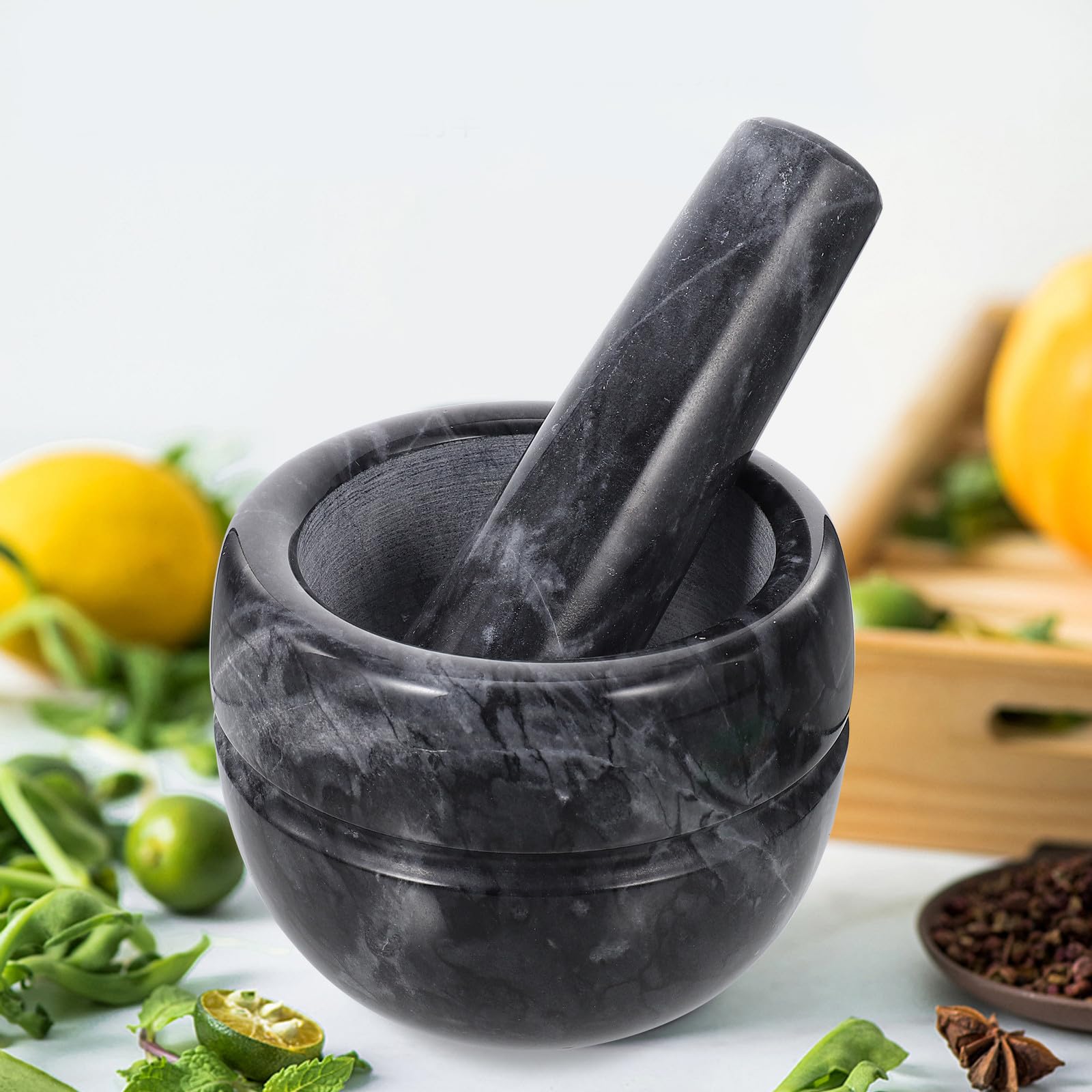 BESTOYARD Mortier en Marbre Noir pour Maison et Restaurant Pilon Lisse sans Bavures, Ustensile Cuisine Pratique Design Simple et Élégant