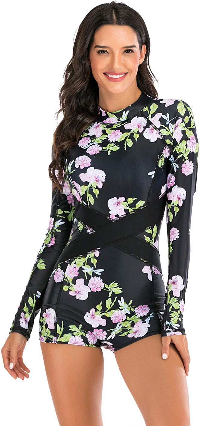 Aivtalk Rash Guard Suit for Women Long Sleeve One Piece Swimsuit Tummy Control UV Protection Bathing Suits Swimwear