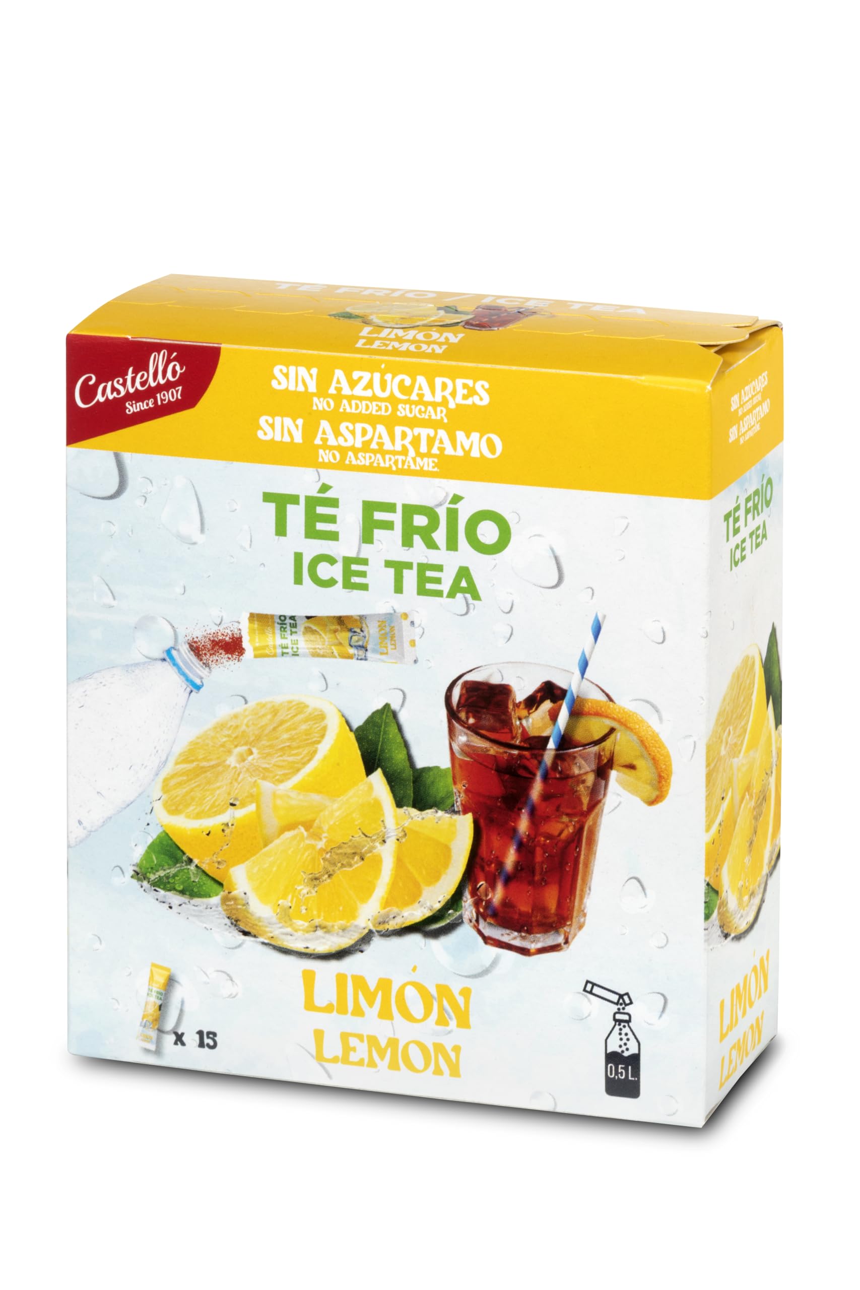 Castello since 1907 Té Frío (Ice Tea - Iced Tea) Zero & Instantáneo | Limón | 15 sobres | 1 sobre = 500 ml de Té | 0 Calorías | 0 Azúcar | 0 Aspartamo