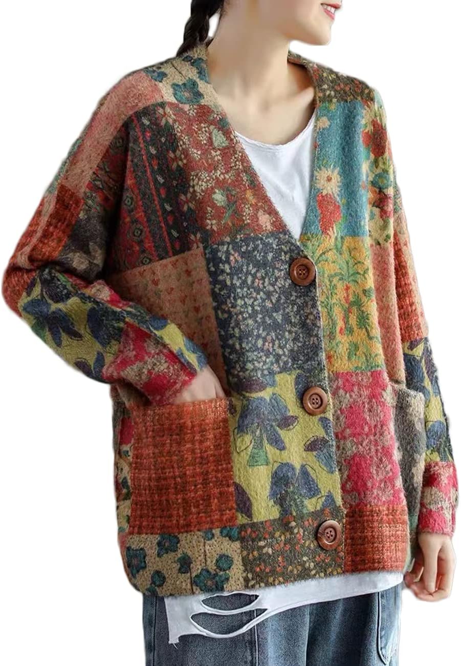 NFYM Women Cardigan Sweaters Open Front Graphic Printed V Neck Retro Knit Outwear with Pockets