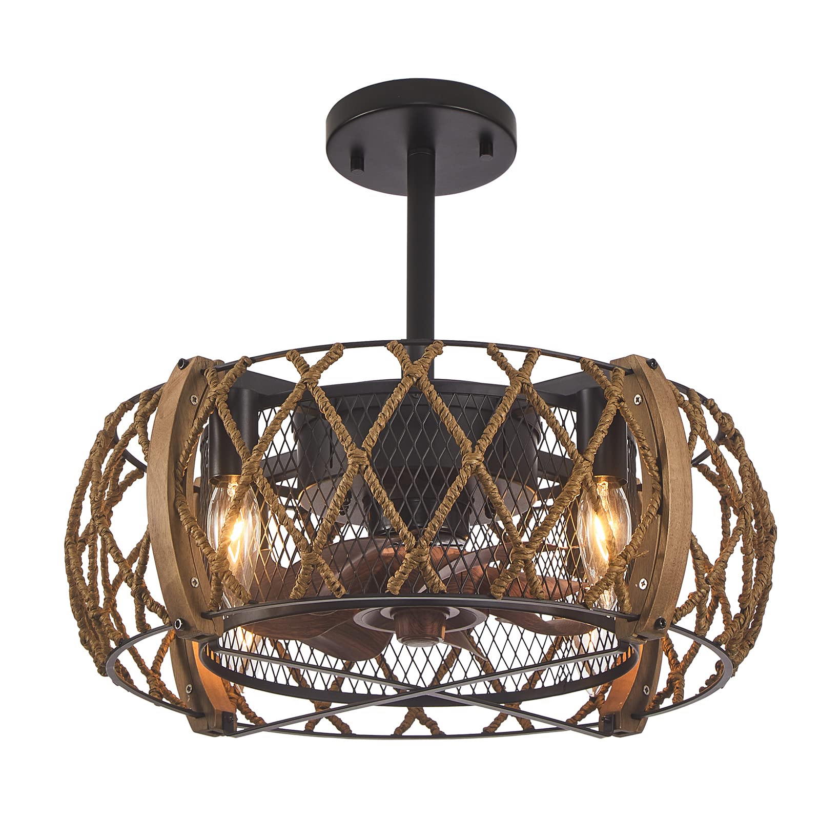 Rustic Ceiling Fans with Lights, 17 Inch Low Profile Caged Ceiling Fan with Lights Remote Control, Farmhouse Bedroom Ceiling Fans for Living Dining Room Kitchen