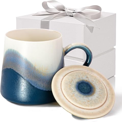 Handmade Ceramic Coffee Mugs, 11.2 OZ Colored Glaze Coffee Cups with Lids, Thanksgi...