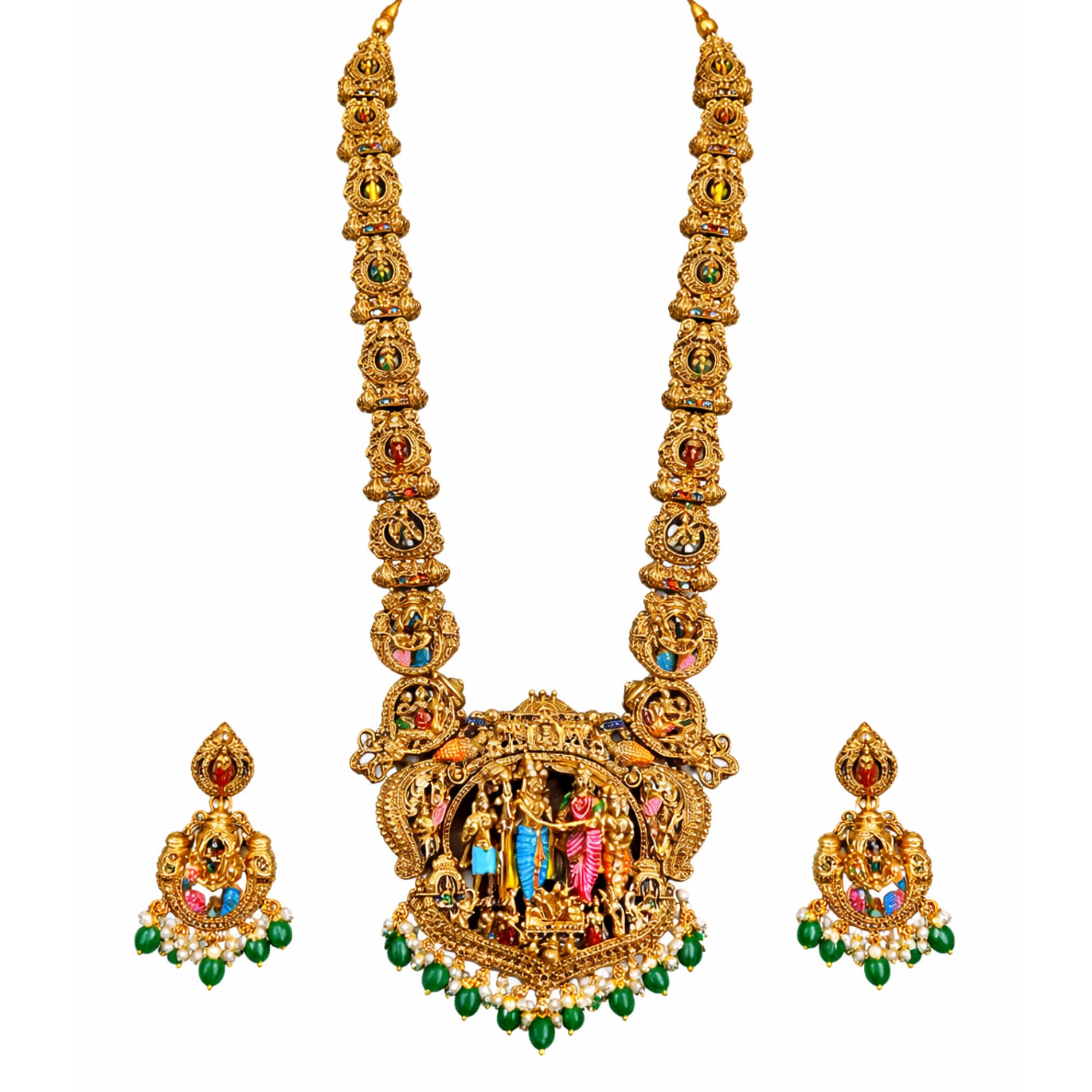 Premium Sita Ramam Temple Jewellery Long Haram Set for Women | Antique Gold Plated Bridal Necklace with Rama Sita Lakshmi Motifs & Pearl Danglers | Traditional South Indian Wedding Jewellery with Matching Earrings