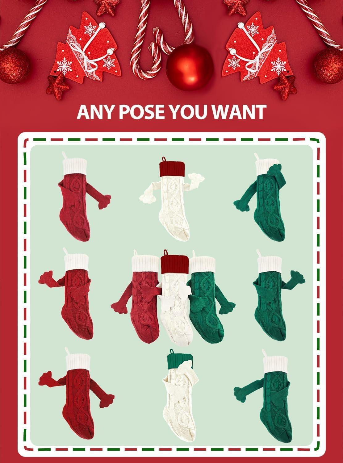 8 Pack Christmas Stockings White Plush Cute Holding Hands With Name Tags, 18Inches Large Cable Knitted Personalized Xmas Stocking For 2025 Xmas Kids Gift, Family Fireplace Holiday Party Decoration