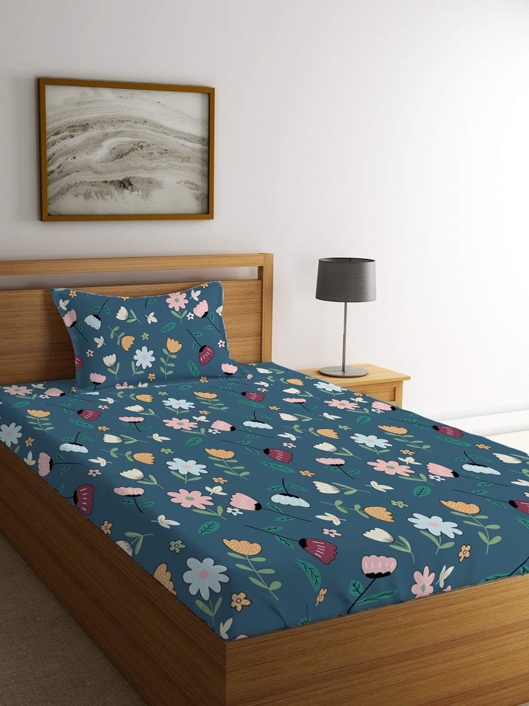 LOOMLYFE 300 TC Cotton Feel Glace Elastic Fitted Printed Single Bed Bedsheet with 1 Pillow Cover Fits Upto 6 Inches Mattress,Size- 42X75X8 Inches, Bluemultiflower