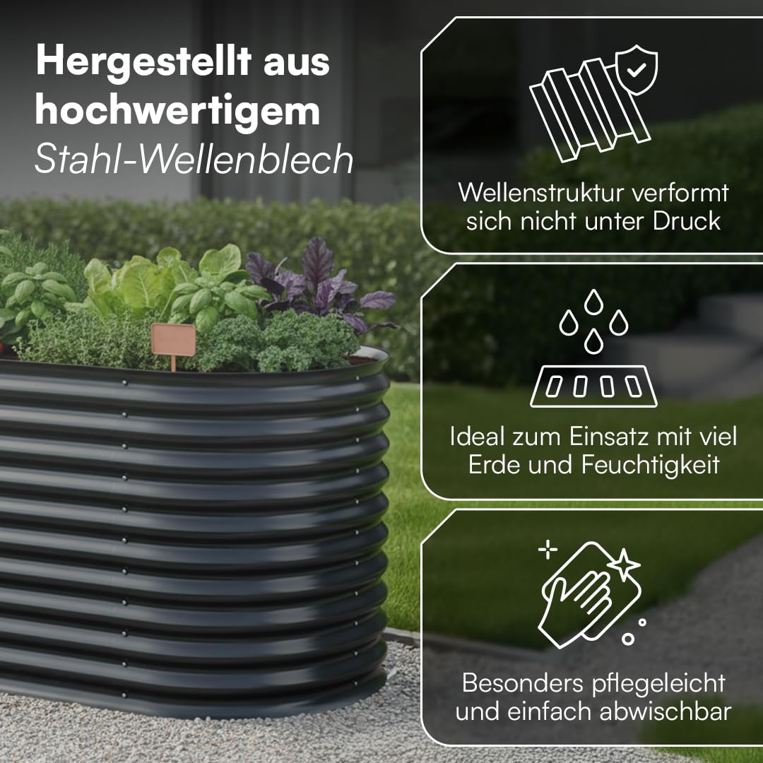 STEELSØN Hydra Hochbeet Metall – ovaler Pflanzenkasten 160x80x80 cm – Gemüsebeet Anthrazit – Beet für Garten & Balkon – Pflanzenbeet aus verzinktem Stahl – Kräuterbeet – Gartenbeet mit Kantenschutz
