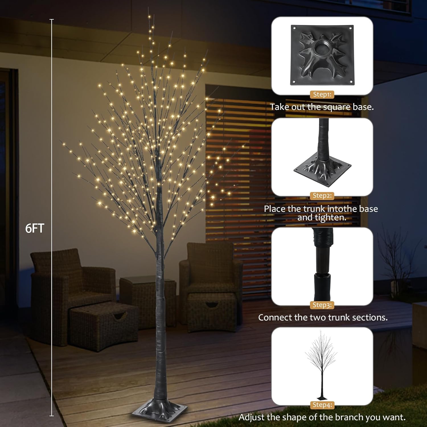 6ft halloween tree 500 led lighted twig tree with twinkle lights, led birch tree with timer for outdoor indoor home party yard easter christmas decoration (warm white light) 6ft-500led