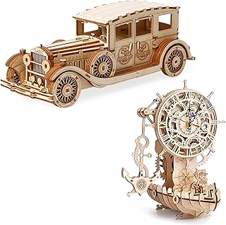 3D Wooden Puzzle for Adults, Classic Car and Pirate Ship Clock, DIY Craft Hobbies Toy, Birthday Festival Gift for Women Men