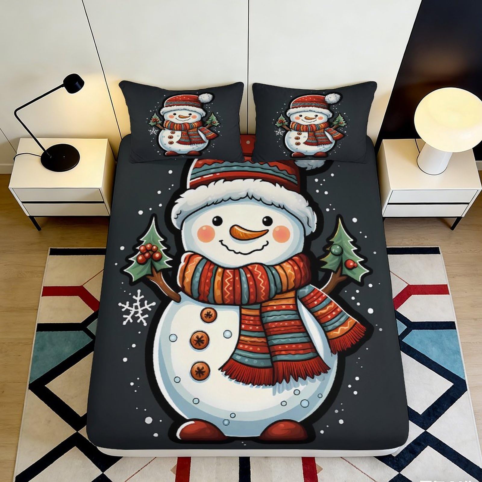 Jqzkxnhpbr Style-7 3D Printed Snowman Christmas Fitted Sheet Microfiber Soft Breathable Winter Tree Bed Cover For Bedroom Guest Room Decor 90X200x25cm