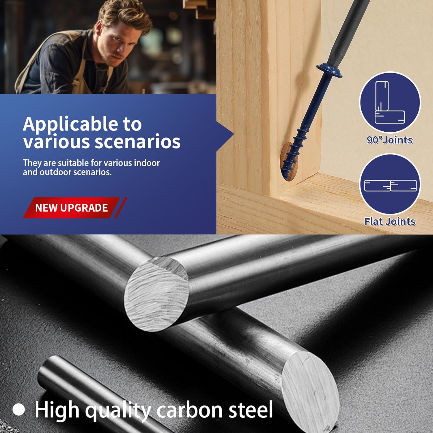 Pocket Hole Screws #8 x 1-1/2" (316Pcs) 2lb. Carbon Steel, Blue, Washer Head, Coarse Thread, Square Drive,150MM Drive Bit Included