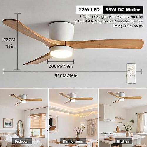 Miniatura 3 de Ventiladores de techo silenciosos de 36 pulgadas con luces remotas con certificación ETL, luz blanca de 6 velocidades, aspas de madera maciza,