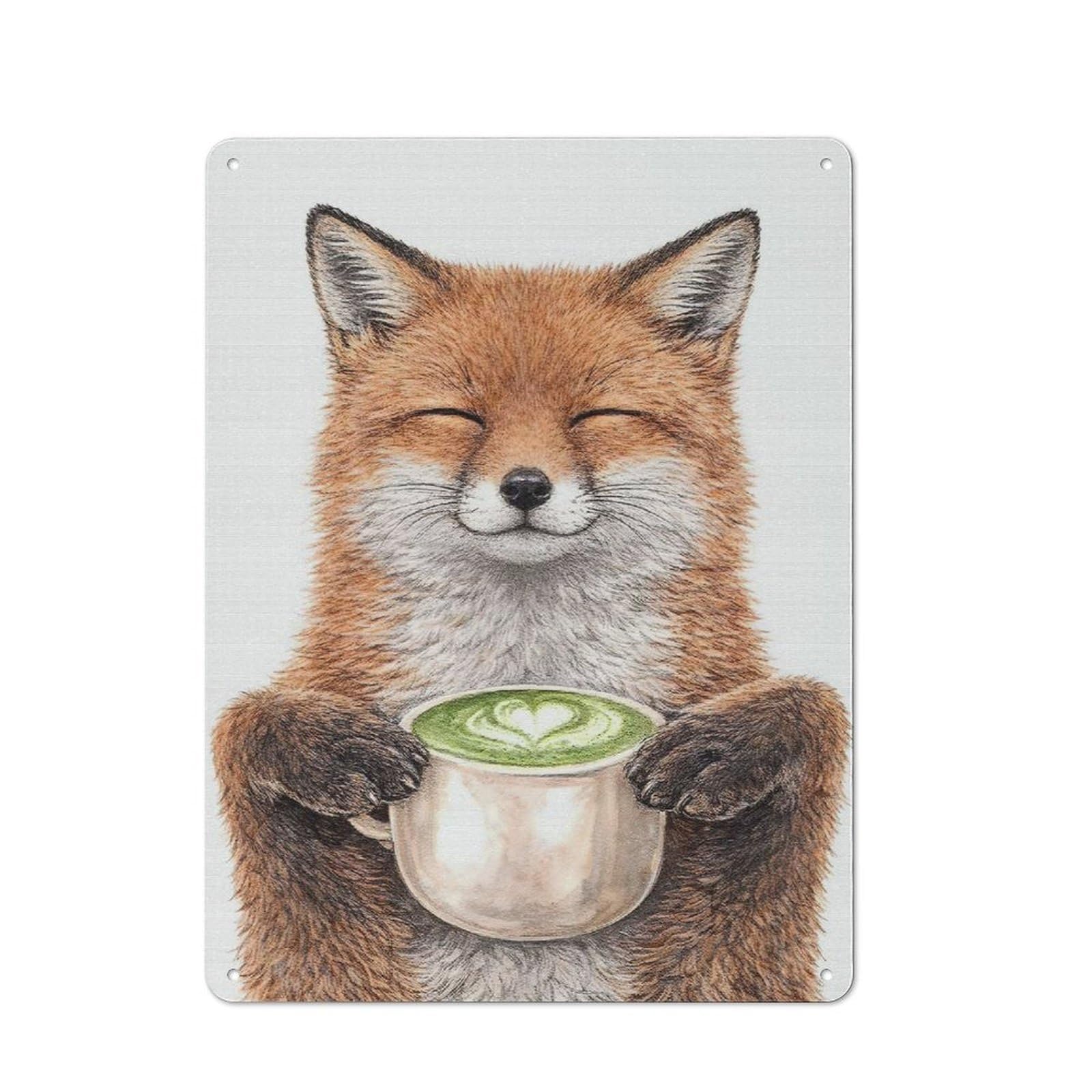 Junmoney Style-14 40X30cm Vintage Tin Sign With Fox Enjoying Matcha Latte For Dining Room Or Kitchen, A Decorative Christmas Gift For Dining Room Decor Fans