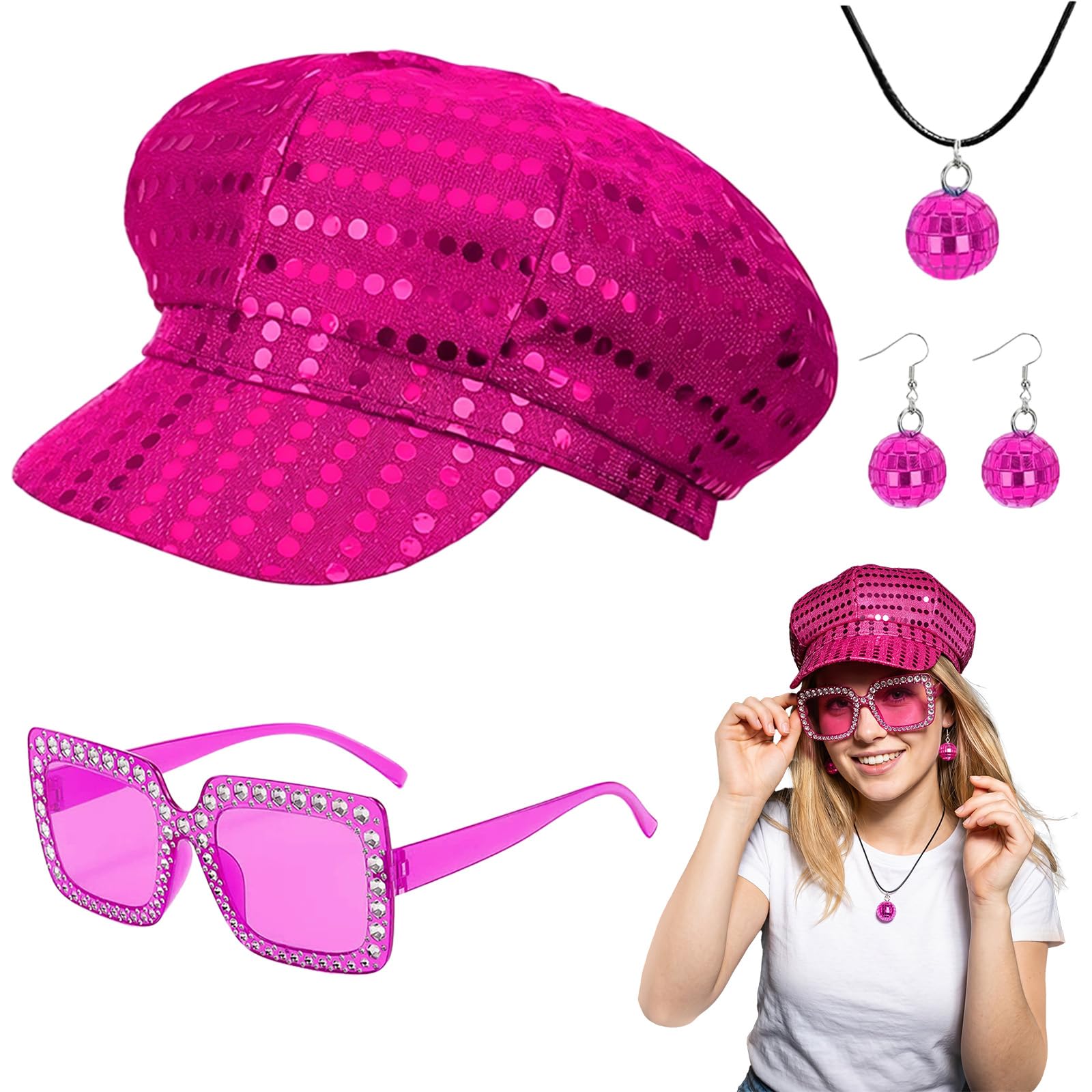 Moiuguli 70s Disco Fancy Dress for Women, 4Pcs Red ABBA Disco Accessories Costume Kit with Bling Hat Sunglasses Earrings Necklace Retro for 70s Theme Party Dance Outfits