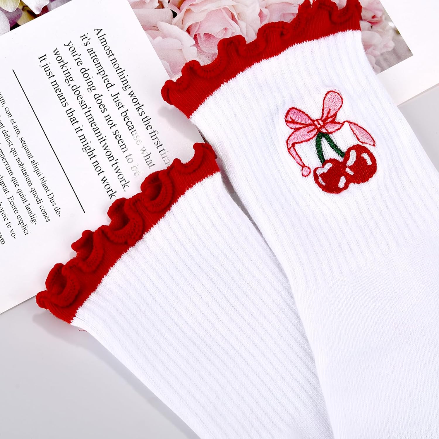 Etercycle Pilates Socks for Women, Cute Embroidery Pattern Yoga Grip Socks, Soft Cotton Crew Grippy Sock for Barre Workout - Image 3