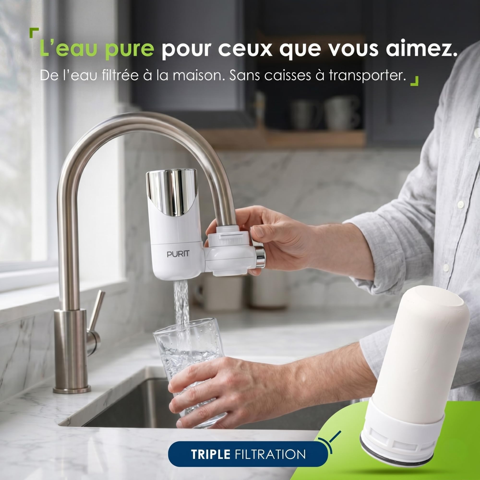 PURIT Filtre à eau robinet cuisine cartouche céramique diatomée charbon actif 1000 L