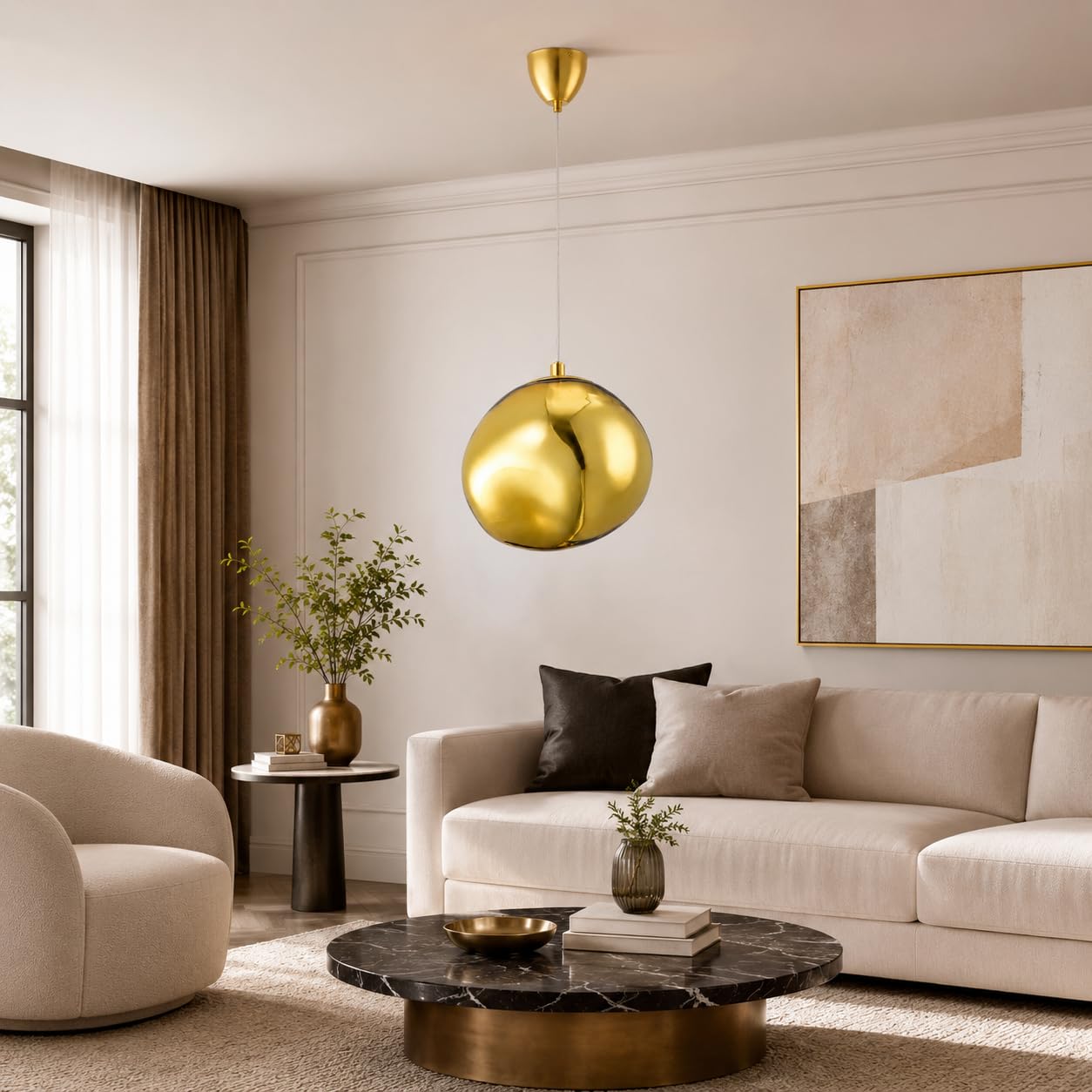BARCELONA LED Goldene Pendelleuchte Ø28cm E27 Aus Glas | Robustes Metall, Transparentes höhenverstellbares Kabel, Bis 40 W, Für Wohn- und Esszimmer, Wohn- und Hotelbereich