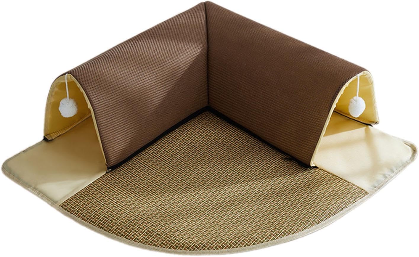 2 in 1 Cat Tunnel Bed for Indoor Cats, with Removable Washable Mat, for Kitten Puppy Cat House with Toy Ball Playing Exercise, Brown 50cm