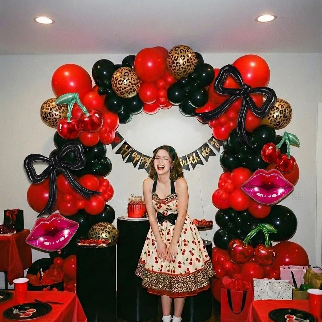 124Pcs Cheetah Cherry Balloon Arch Garland Kit with Black Red Lips Bow Balloons for Leopard Print Birthday Party Decorations, Girls Night Out Bachelorette Party, Kiss The Miss Goodbye - Image 4