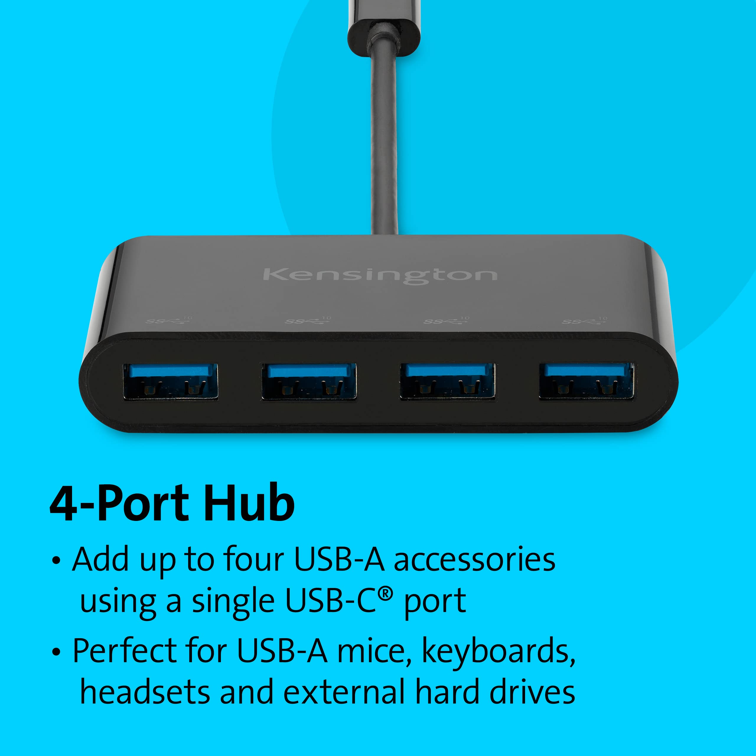 Kensington CH1200 Hub Splitter USB-C da 10 Gbps a 4 porte ad Alta Velocità per Collegare fino a 4 Accessori USB-A a una Porta USB-C, K33616WW