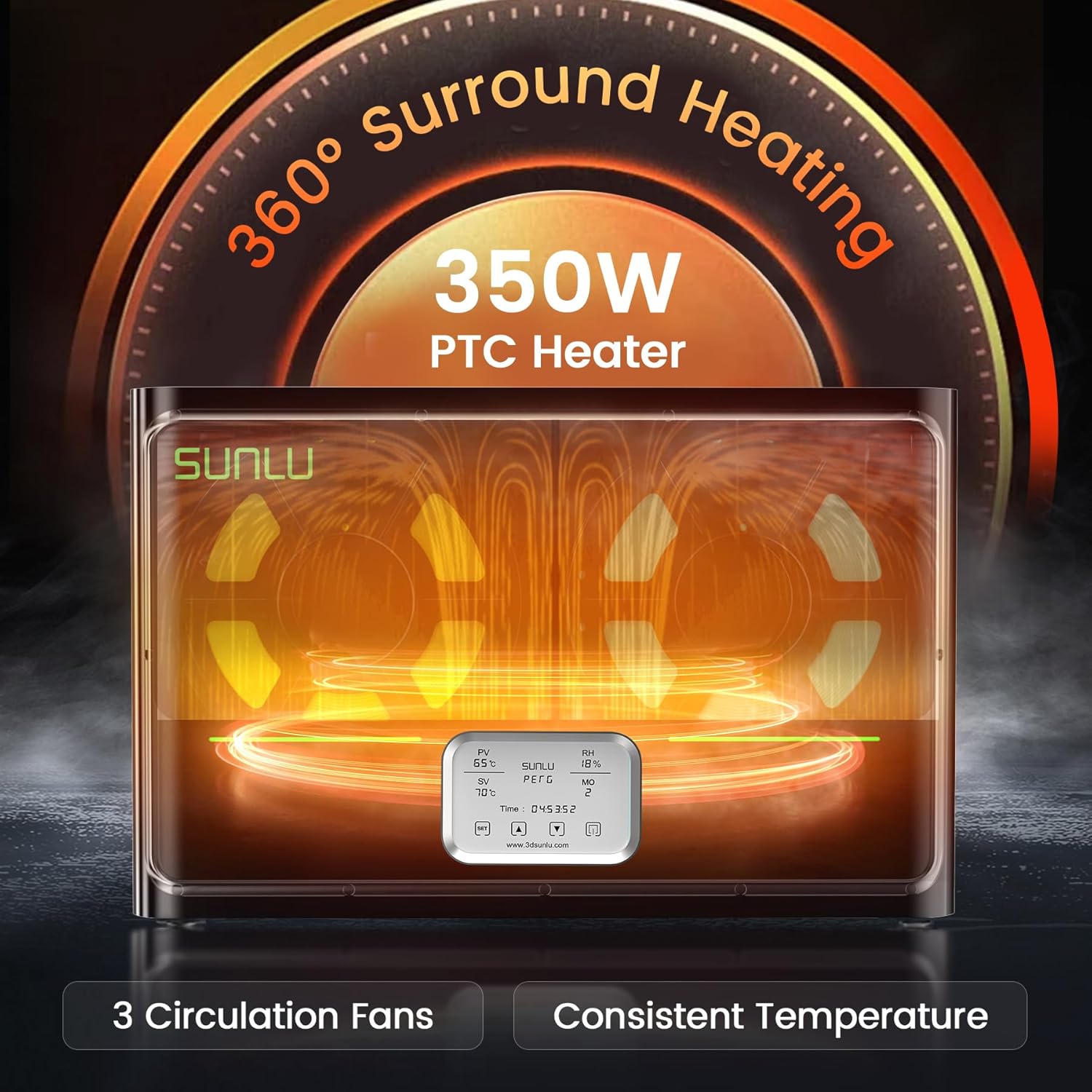 360 degree surround heating with 350W PTC heater and 3 circulation fans