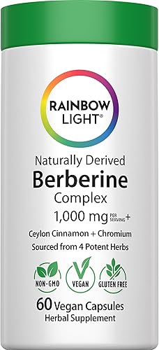 Rainbow Light Suplemento de berberina  1,000 mg  Complejo derivado naturalmente con canela de Ceilán y cromo  Procedente de 4 hierbas potentes  60