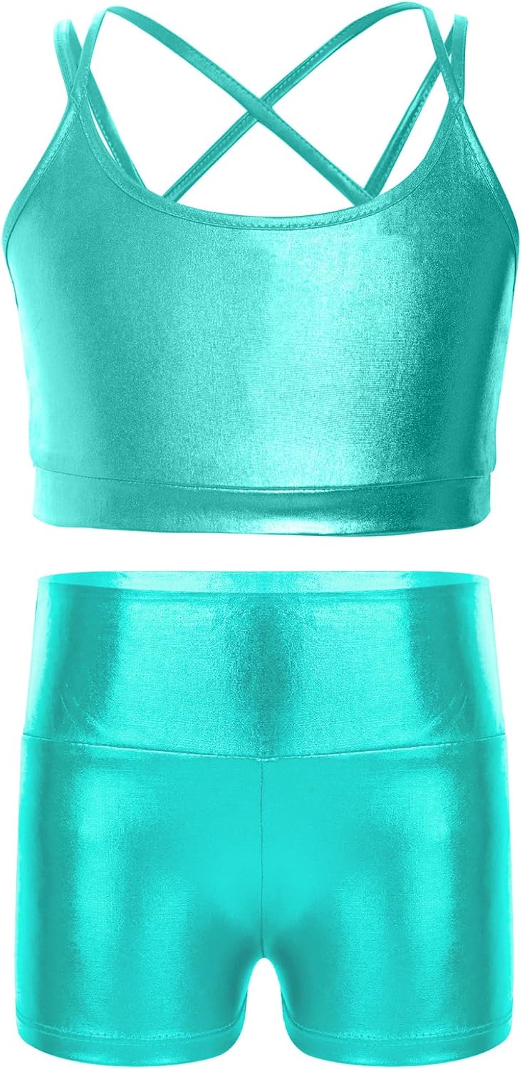 TTAO Kids Girls 2 Piece Gymnastics Dance Outfits Shiny Metallic Crop Tank Top with Shorts Set Training Wear