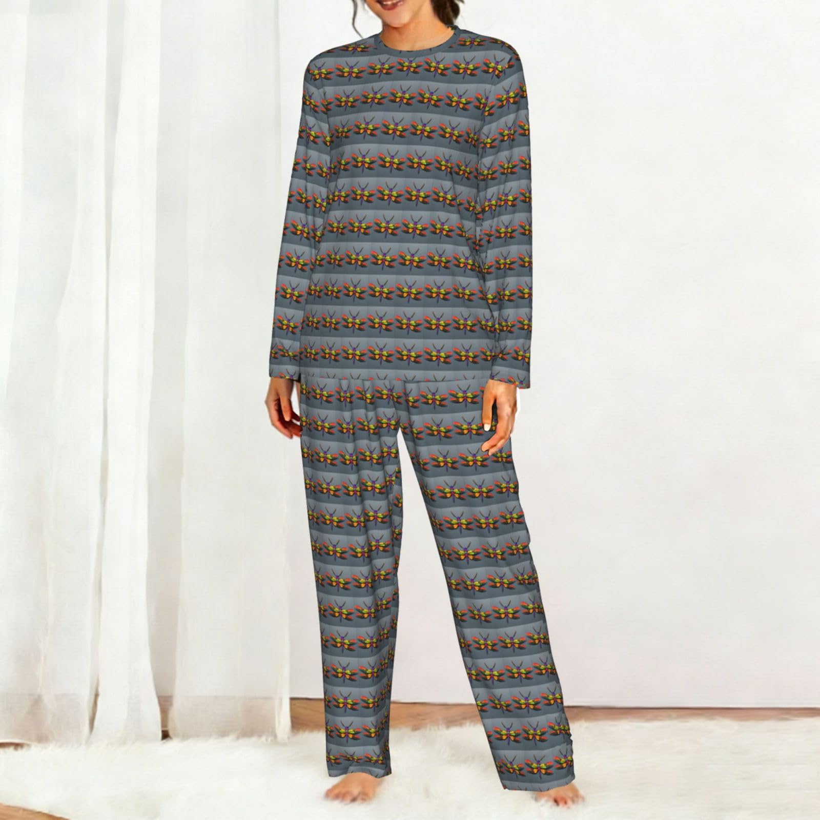 Simpatica stampa libellula donna manica lunga pigiama abbinato quotidiano comodo loungewear abiti da notte