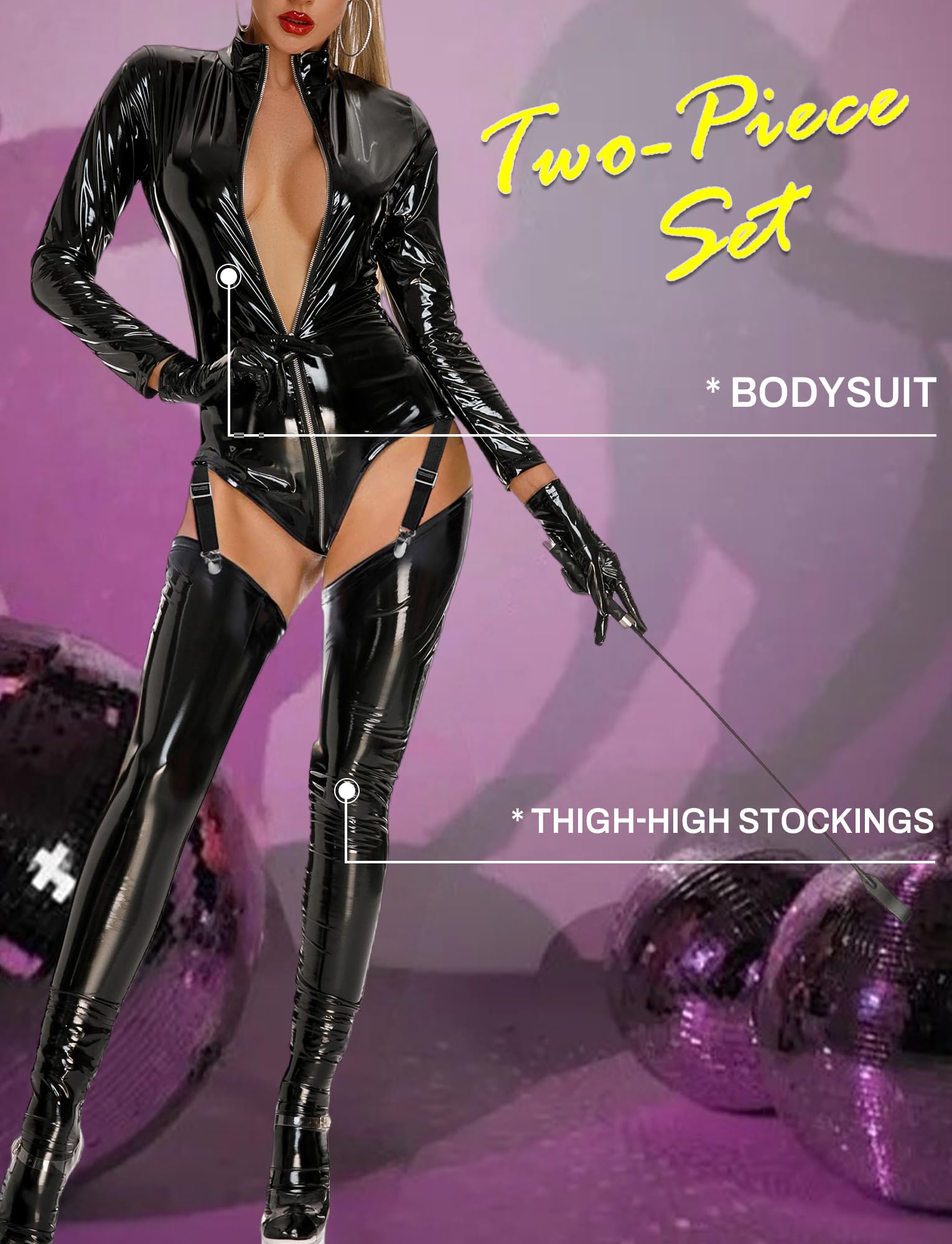 FEOYA Bodys Femmes Cuir Wetlook Lingerie Jumpsuit Latex Stringbody Manches Longues avec Brillant Bas EU XS-XL (Asie S-3XL)