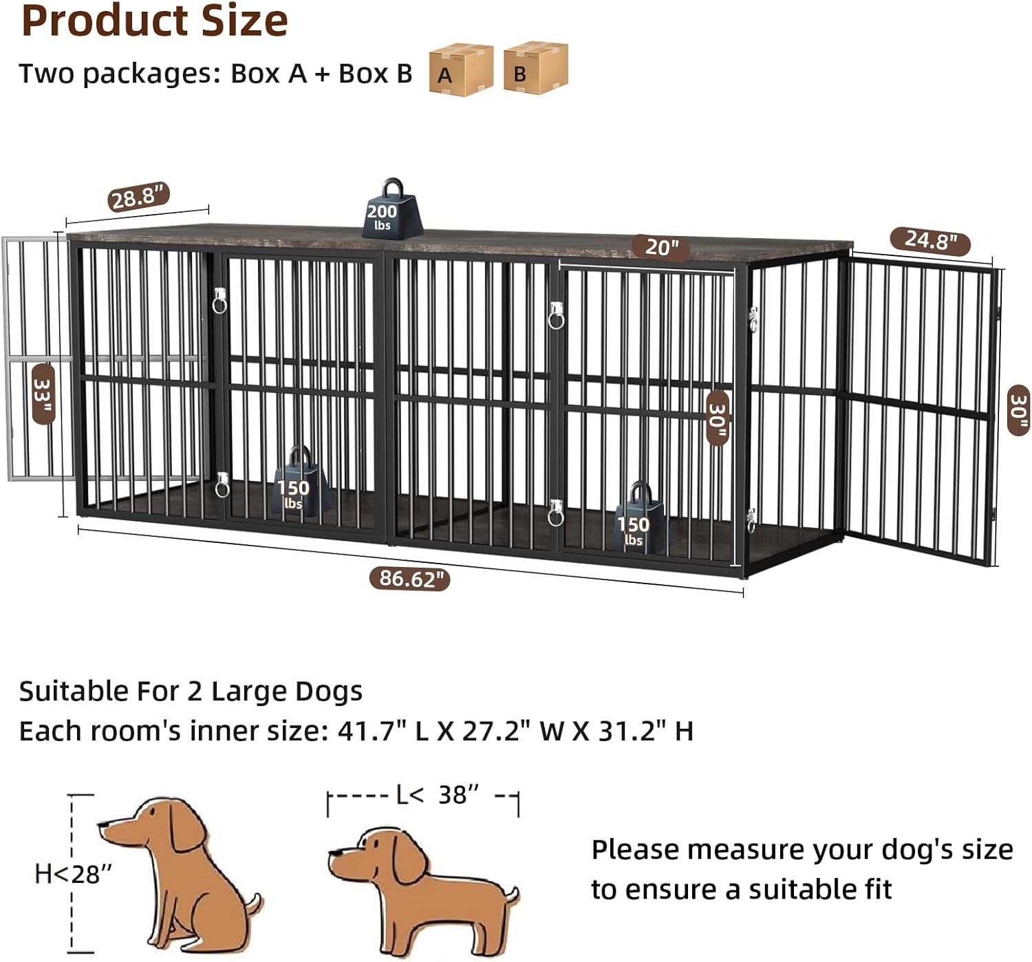 VOWNER 86.7" Double Dog Crate Furniture for 2 Large Dogs, Heavy Duty Wooden Dog Kennel with Removable Divider, XXL Dog Cage TV Stand End Table with 4 Doors, Double Locks for Each Door, Grey/Black