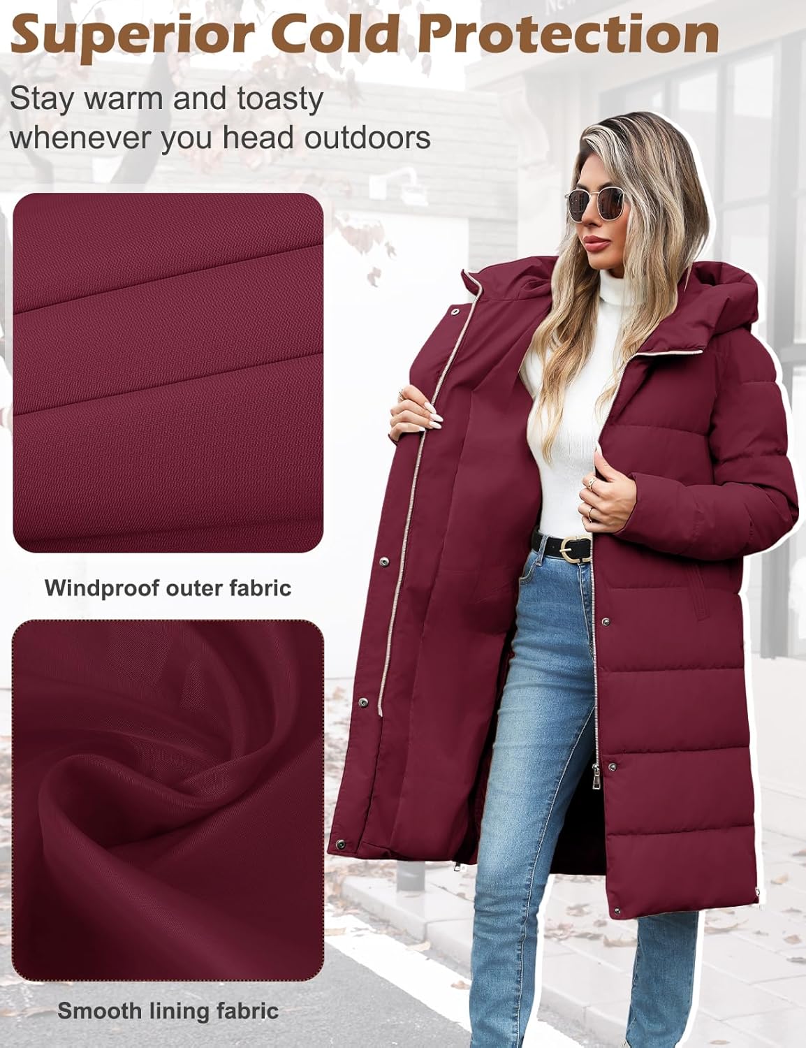 HEEKPEK Womens Winter Long Puffer Coats Thicken Warm Quilted Jacket Mid-Length with Side Zipper and Hood Parka Outerwear - Image 5