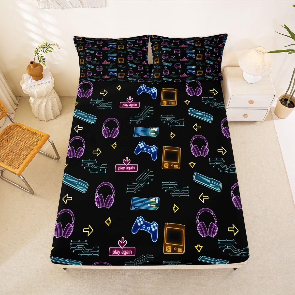 Neon Gamepad Kids Full Size Fitted Sheet,Gaming Headset Room Decor,Video Games Boys Girls Bed Sheets,Black Purple Bedding Set,2 Pillowcases(No Flat) image 2
