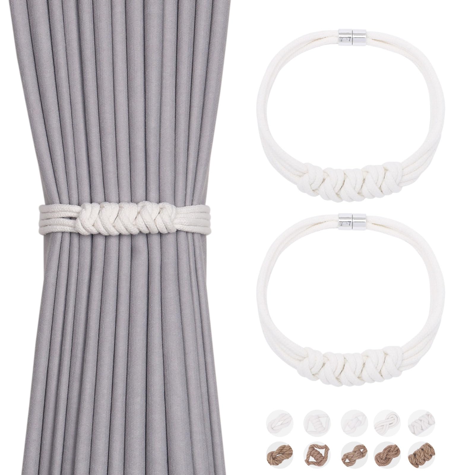 Pretty Jolly 2 Pack Natural Cotton Rope Curtain Tiebacks Elegant Boho Style Magnetic Drape Tie Backs Soft Hand-Woven Rope Curtain Holdbacks for Home & Office Drapery (Cotton knot-04)