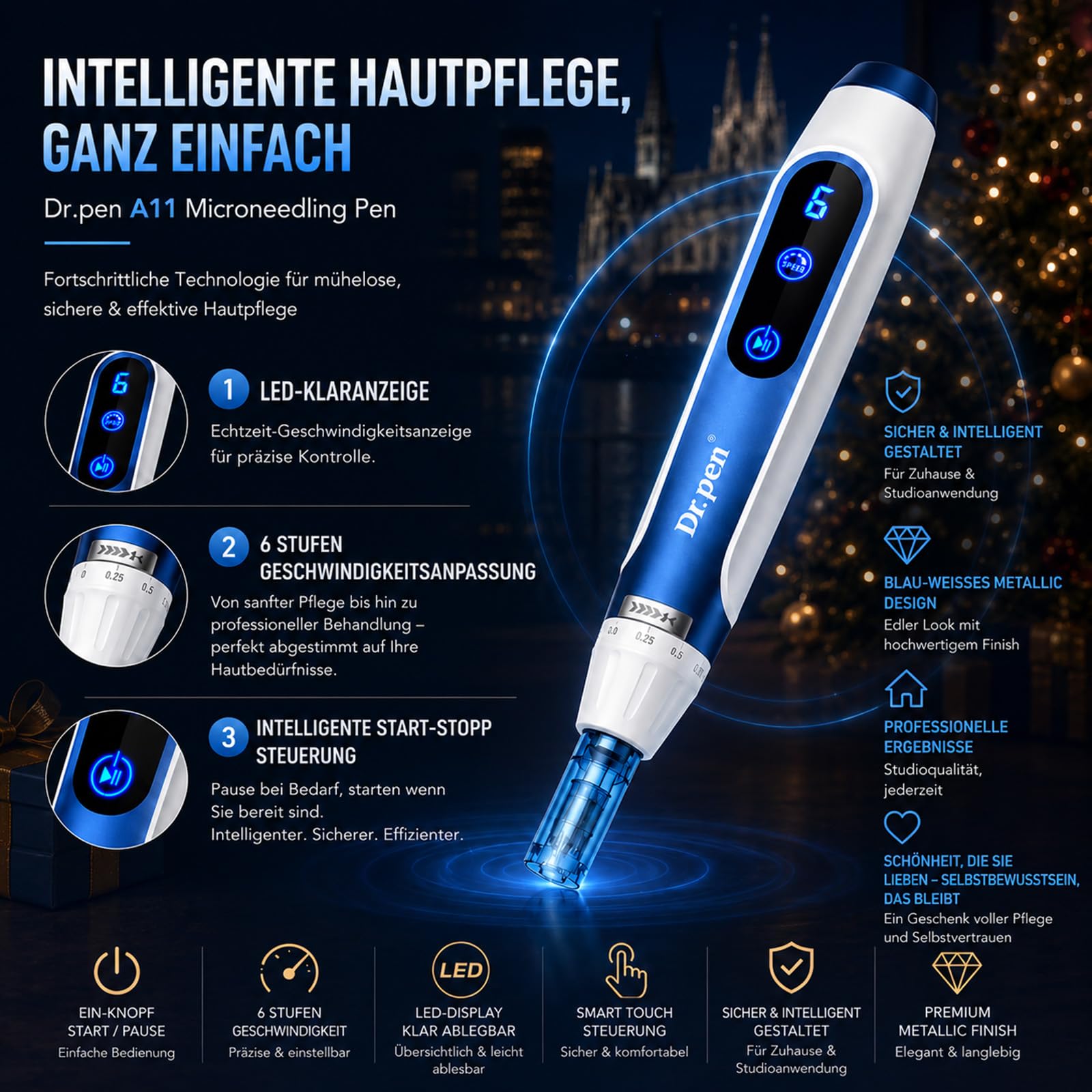 Dr. Pen A11 Kabelloser Hautpflege-Pen Set mit 28 Ersatz-Tips (12×18Pin & 10×36Pin & 6xNanoR), LED-Anzeige, Ergonomisch, Intelligente Aufladung Basis, Für Gesicht & Kosmetische Pflege, Zuhause & Studio