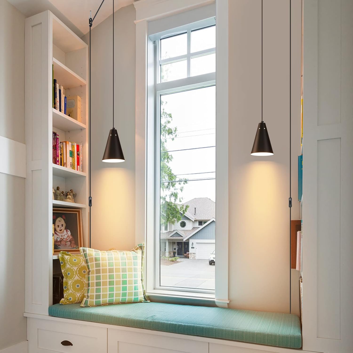 Black Plug In Pendant Light,Hanging Lights With Plug In Cord On/Off Switch, Mini Pendant Lights for Kitchen Island,Modern Farmhouse Pendant Light Fixture with Metal Shade,Hanging Lamps for Bedroom