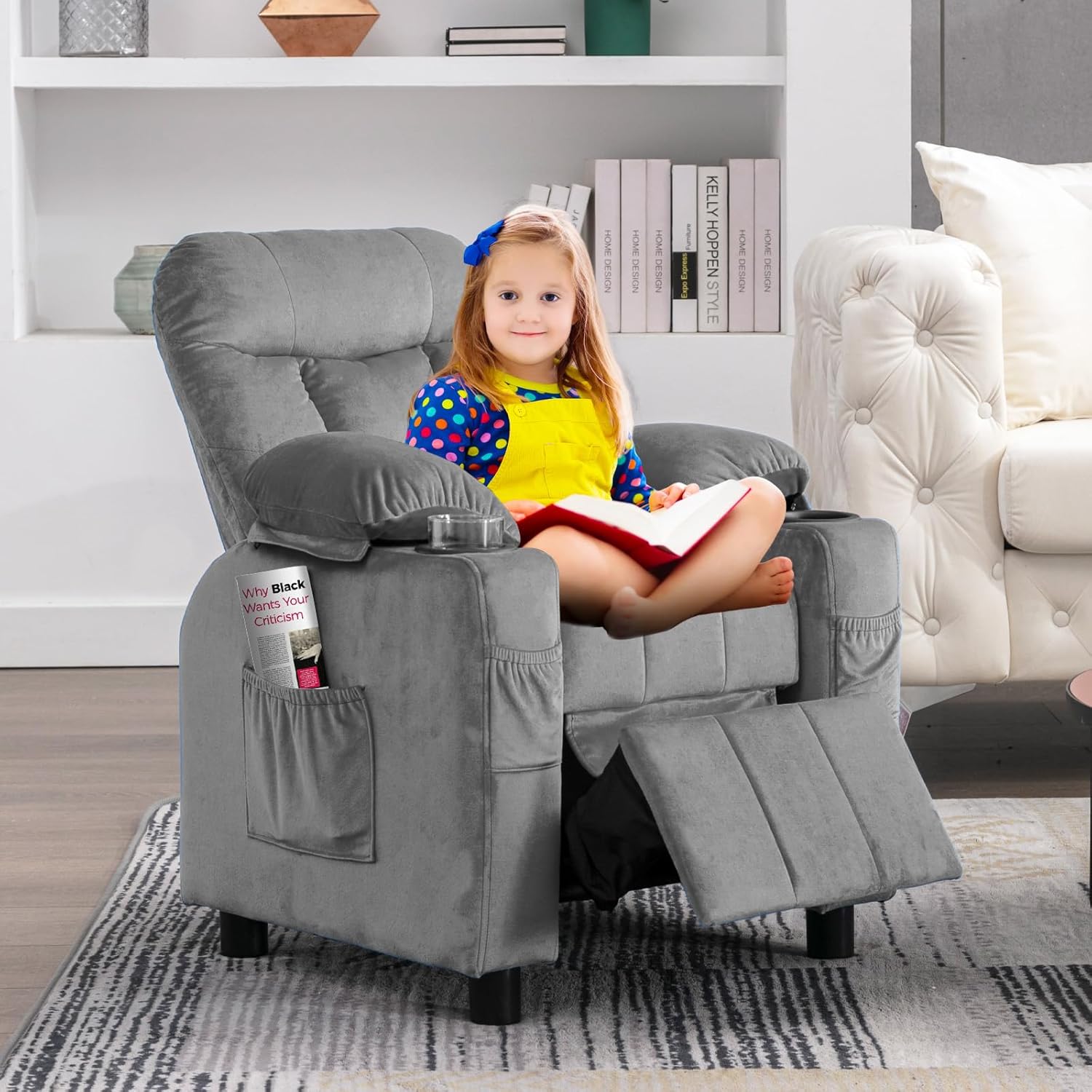 Kids Recliner, Toddlers Kids Recliner Chair with Cup Holder, Ergonomic Adjustable Velvet Lounge Chair with Footrest & Side Pockets, Toddlers Baby Sofa for Boys Girls Bedroom (Gray)