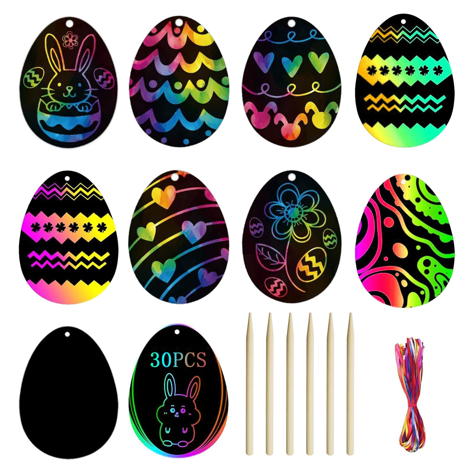 AUXHCYL 30Pcs Easter Scratch Art, Egg Decorations Papers,Easter Crafts for Kids, Easter Activity Arts Gifts for Kids Party Bag Fillers