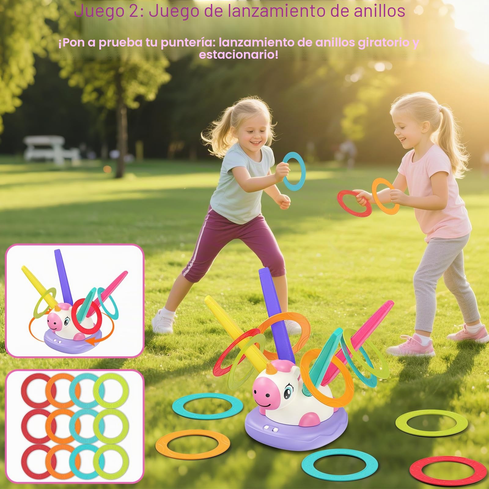 Unicornio Juguetes para Niñas 3-9 años 3 en 1 Juego Musical Saltar Cohete Lanzamiento Aros Regalo Cumpleaños