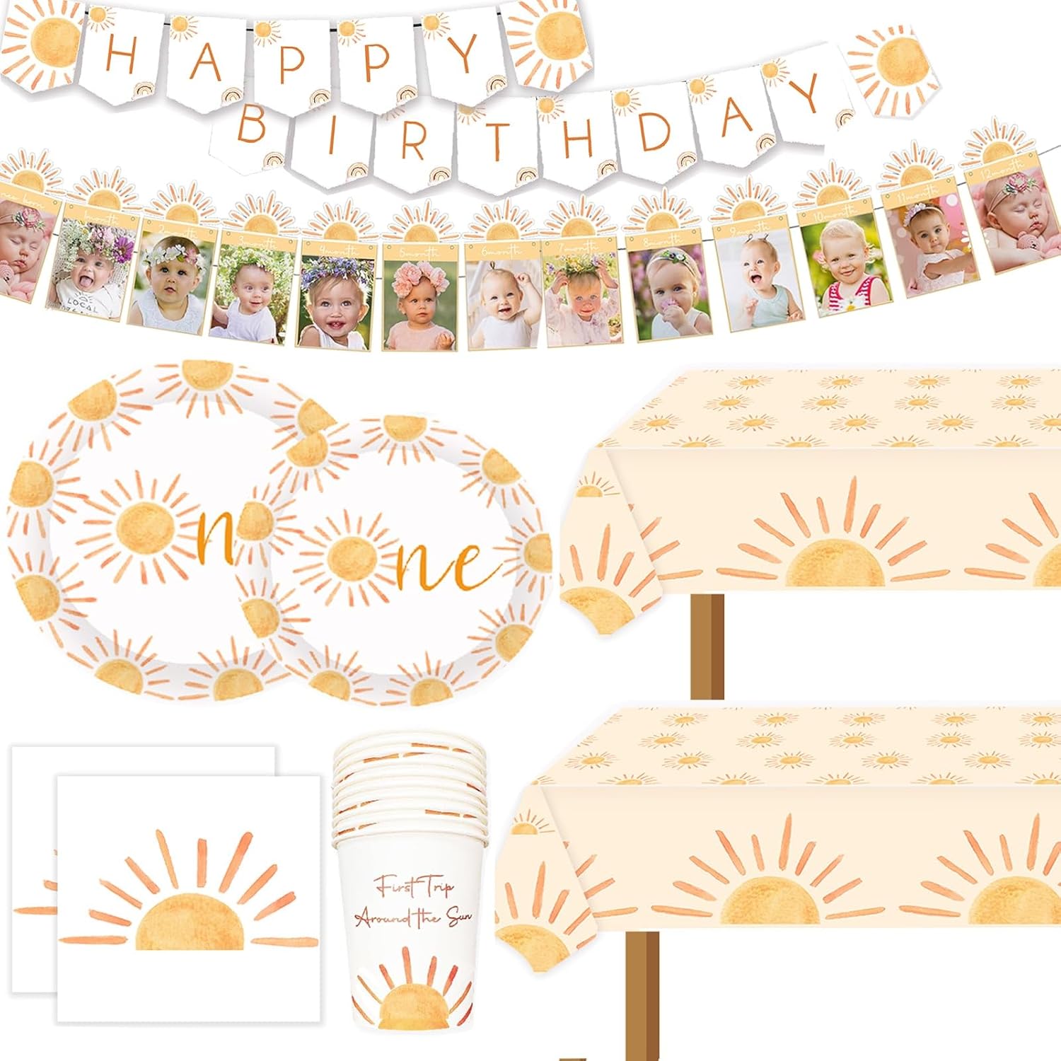 First Trip Around The Sun Birthday Decorations 102pcs Boho Sun 1st Birthday Paper Plates Napkins Cups and Table Cloth You Are My Sunshine Party Supplies Decoration