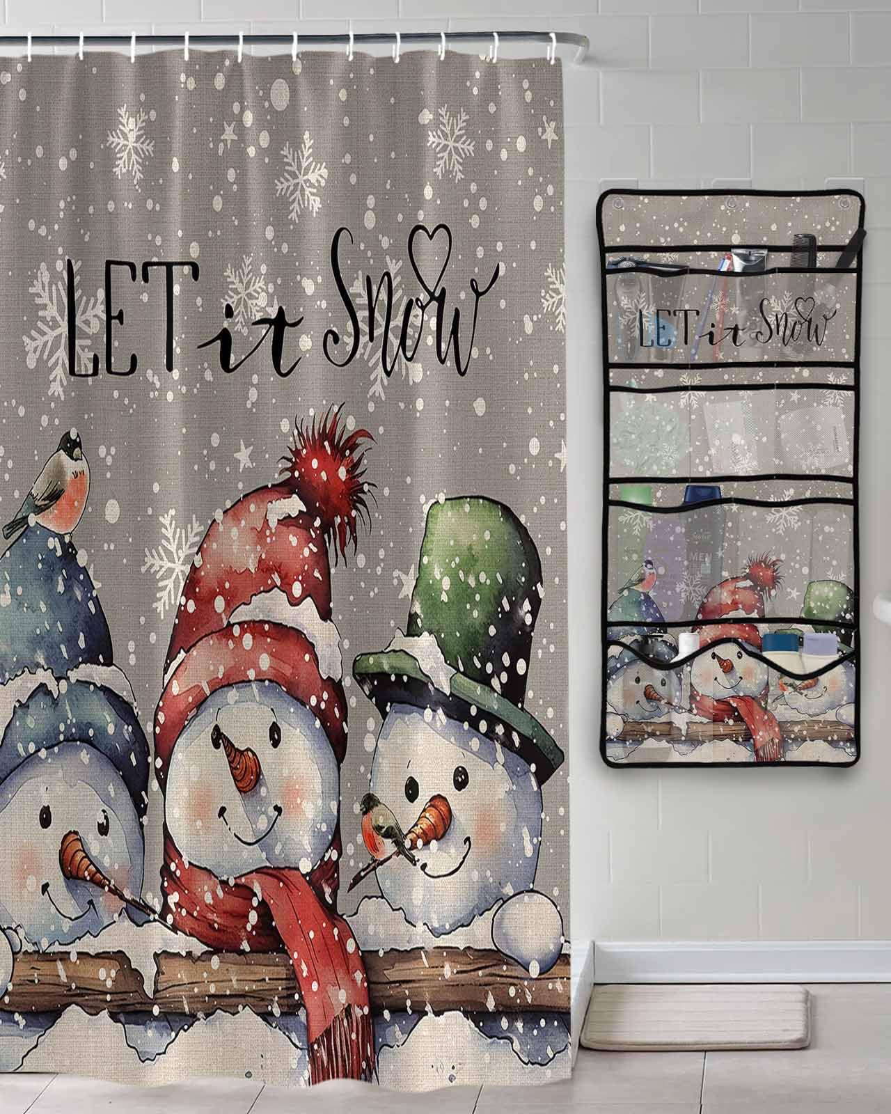 Shower Curtain Mesh Shower Organizer Hanging Set Christmas Cute Snowman Grey Texture Waterproof Shower Curtains with 10 Pockets