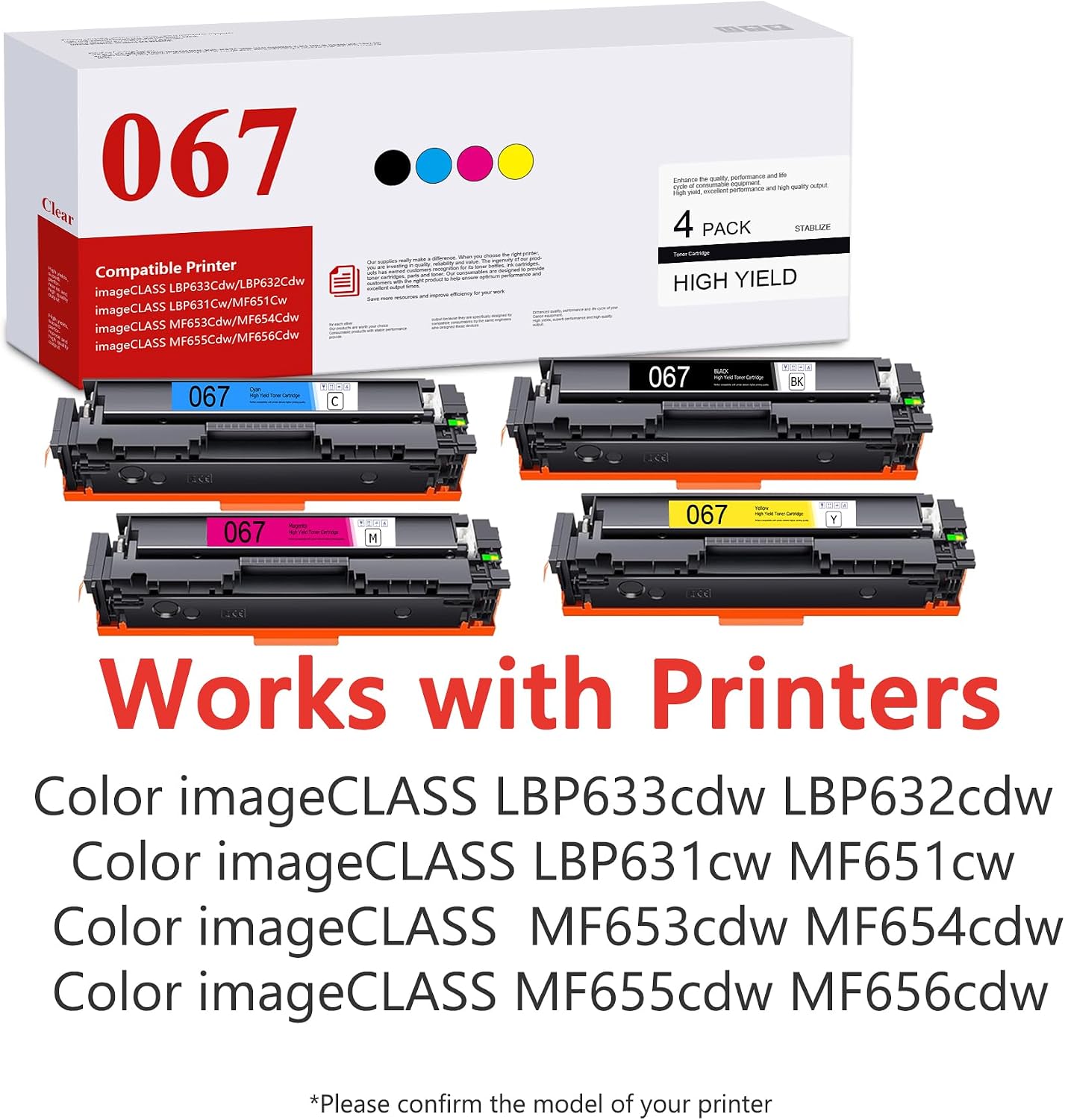 067 Toner Cartridge Set 067H MF654Cdw MF656Cdw Replacement for Canon Color ImageCLASS MF654Cdw MF653Cdw LBP632Cdw LBP633Cdw Printer (4Pack,B/C/Y/M)