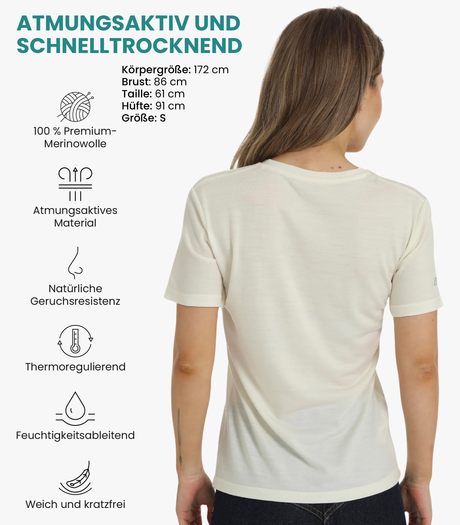 100% Merino Shirt Damen V-Ausschnitt - Merino Unterwäsche Damen - Sportshirt Wandershirt Schnell Trocknend, Atmungsaktiv, Anti Schweiss (Medium, Creamy White V-Neck)