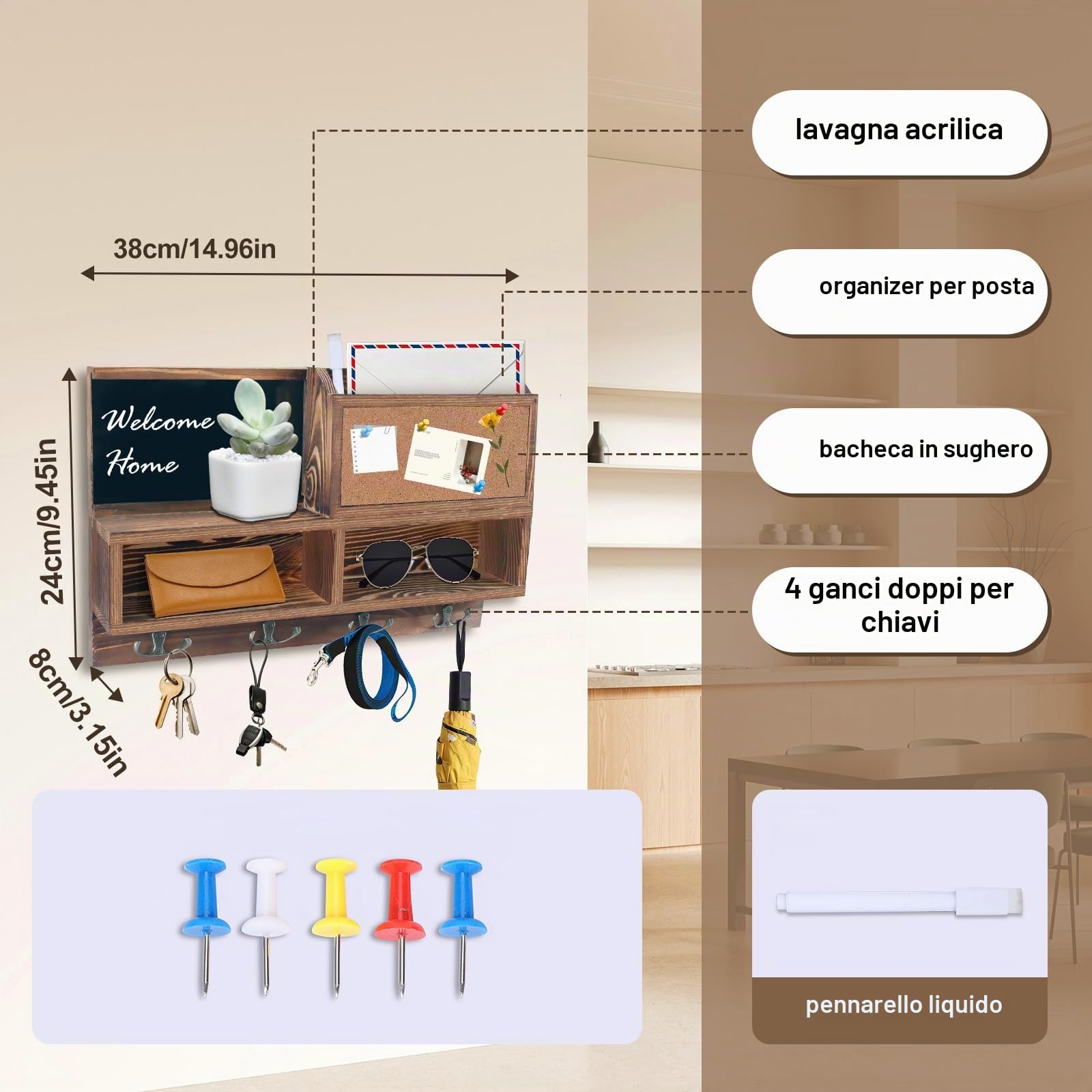 Comfoyar Portachiavi da Parete in Legno, Appendi Chiavi a Muro con Bacheca e Ripiano, Organizzatore per Lettere e Portachiavi con 4 Ganci Doppi per Ingresso, Corridoio, Soggiorno, Design Casa, Marrone