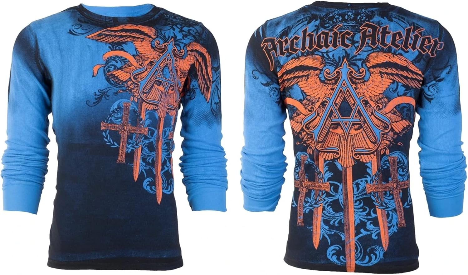 Archaic by Affliction - Camisa térmica de manga larga para hombre, Azul Patchwork, L